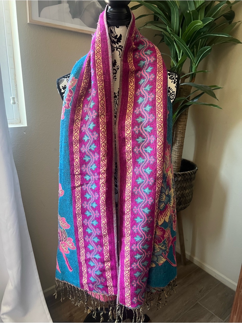 Vibrant Teal & Fuchsia Floral Border Wrap Scarf